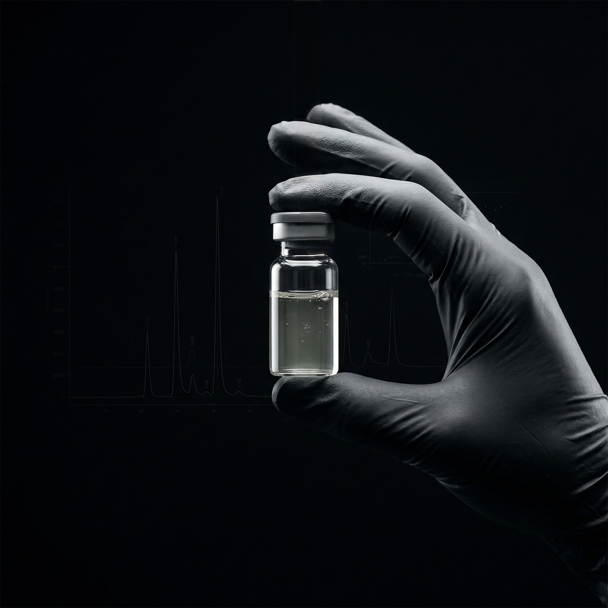 Gloved hand holding a research vial against HPLC chromatography analysis